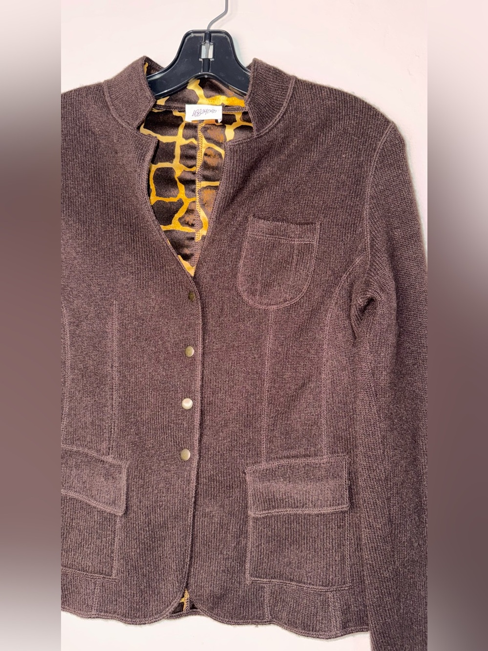 Leggiadro Dark Brown Snap-Front Knit Blazer with Patterned Lining - Picture 4 of 13